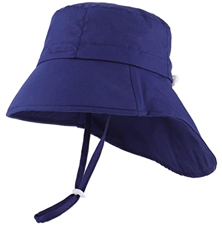 LACOFIA Baby Sonnenhut Jungen Baumwolle Kleinkind UV Sommer Mütze Verstellbarem Kinder Breiter Krempe Strand Cap Fischerhut mit Bindebändern und Nackenschutz Marineblau 2-5 Jahre