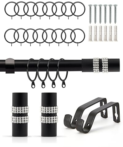 Emma Barclay Extendable Curtain Pole With Finials Rings Brackets & Fittings Sets 16-19mm in Matt Black Metal Curtain Poles For Eyelet Curtains Rod - Diamante Collection 1.2m - 2.1m Matt Black