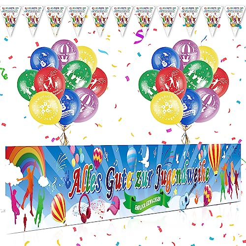 Jugendweihe Deko, 274 x 37CM Alles Gute zur Jugendweihe Banner, Jugendweihe Girlande, Bunt Luftballons Jugendweihe Hintergrund Banner für Endlich Erwachsen Deko, Herzlichen Glückwunsch Party Deko
