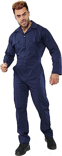 WickedFun® Unisex Coverall Boiler Suit - Heavy Duty Lightweight Overall Protective Safety Work Wear Multi Pocket Suit With Full Button Closure Elasticated Waist (Blue, Large)