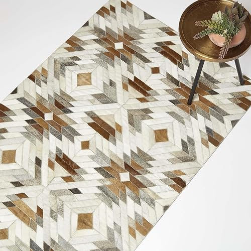 Homescapes Patchwork-Teppich geometrisch 90x150 cm, Lederteppich Ethno-Muster, Fellteppich braun-grau-Creme aus Ziegenfell