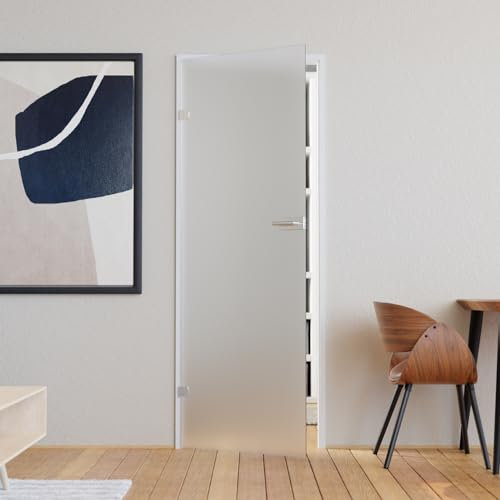 Glastür Komplettset mit Beschlag 709 x 1972 mm Milchglas weiß - Glastüren aus ESG Glas 8mm satiniert - Innentür Glas mit Türgriff Edelstahl eckig mit Buntbart DIN links
