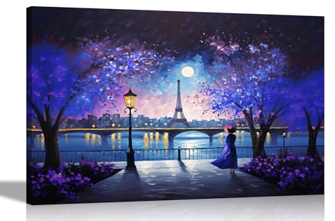 Artley Prints - Allein bei Nacht in Paris Blaue Wandkunst Bilder Leinwand für Wohnzimmer, Schlafzimmer, Flur | Gerahmtes Ölgemälde Nachdruck 30 x 20 cm (12 x 8 Zoll) A4