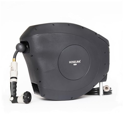 HOSELINK Anthrazit, 15,2 m automatische einziehbare Gartenschlauchtrommel, 9/16 Zoll, 8-Grad-Sprühdüse, UV-stabilisierter, knickfreier Schlauch, Wandmontage, komplette Bewässerungslösung für