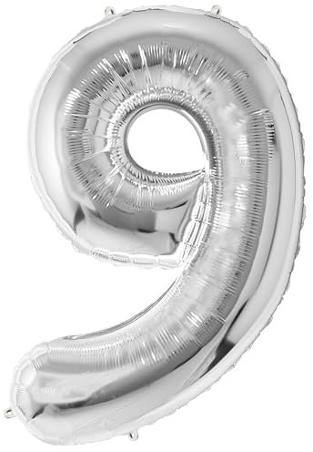 FUNFEST 100 cm silberne Luftballons zum 9. Geburtstag – Geburtstagsballon-Dekoration – inklusive XL-Ballon zum 9. Geburtstag und Strohhalm – Fliegen mit Helium