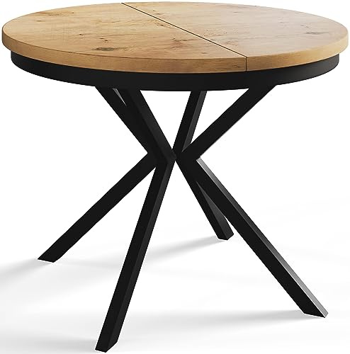 AlpiMeble Runder Esszimmertisch BERGO, ausziehbarer Tisch Durchmesser: 100 cm/180 cm, Wohnzimmertisch Farbe: Hellbraun, mit Metallbeinen in Farbe Schwarz