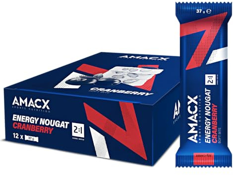 AMACX Energieriegel Nougat-Fruchtriegel – Healthy Snacks für Ausdauersportler – Energy 12er Pack – Fitness Riegel mit Glukose und Fruktose – Power Bar mit 32g Kohlenhydrate – Cranberry