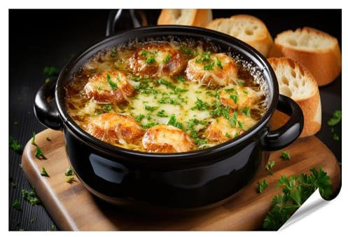 islandburner Prime XXL Bild Poster Traditionelle Französische Zwiebelsuppe Schwarzer Teller Käsekrustenbr Premium Bilder Fotodruck