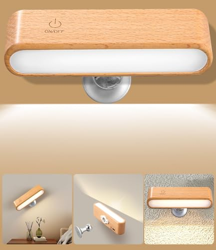 SOBEAU Applique Murale Intérieure Chambre,Lampe Murale Sans Fil, Rotatifs 360°Lampe de Chevet Liseuse,Lampe Murale Touch LED,3 Températures de Couleur et Luminosité Réglable, Applique Murale LED Bois