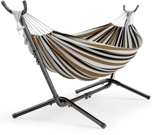 Wiltec Hängematte Weiß mit Gestell bis 200 kg, Outdoor Hängeliege 260 x 105 cm, Hängesessel mit weißgestreiftem Canvas-Gewebe