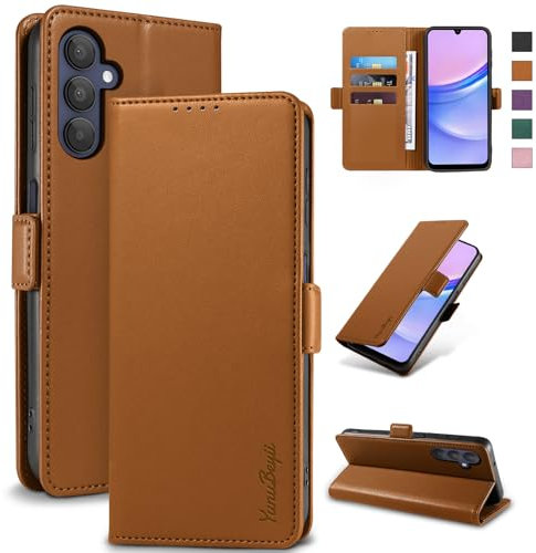 Yunubeyii Cover Libro per Samsung Galaxy A15 5G - [Blocco RFID] Luxury PU Leather Portafoglio Card Holder Magnetic Phone Custodia con Kickstand, Cover Protettiva Antiurto, Marrone