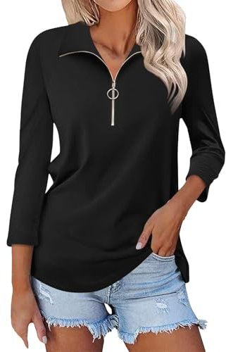 Women's Plain Polo Shirt 2024 Fall Long Sleeve Lapel Casual Quarter-Zip Solid Cotton Tee Shirts Outdoor Sport Golf Tennis T-Shirts（4#Black，L）