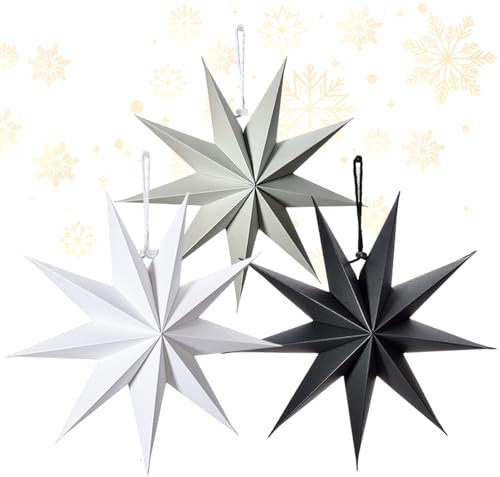 OMIGA 3 Stück Papiersterne zum Aufhängen Papiersterne Weihnachten 60 cm 9 Spitze Papiersternlaternen 3D Sterne zum Aufhängen für Weihnachtsdeko Hochzeit Geburtstag Tischdeko (Schwarz/Weiß/Grau)