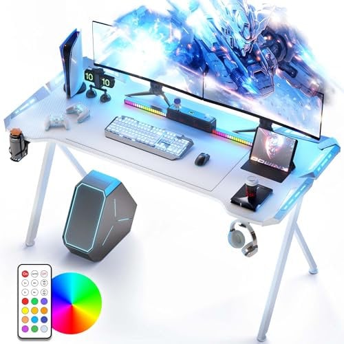Dowinx Gaming Desk with LED Lights, RGB Gaming Computer Desk, Gaming Table with Carbon Fibre Surface, LED Home Office Desk with Remote Control, PC Workstation with Cup Holder and Headphone Hook, White