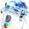 Dowinx Gaming Desk with LED Lights, RGB Gaming Computer Desk, Gaming Table with Carbon Fibre Surface, LED Home Office Desk with Remote Control, PC Workstation with Cup Holder and Headphone Hook, White