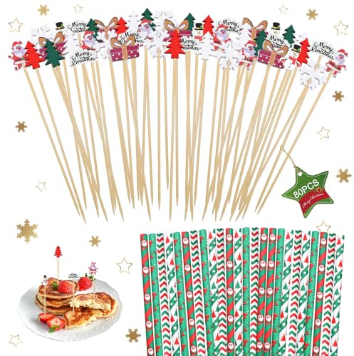 SPERMUOY Cocktailspieße Weihnachten,80 Stück Weihnachten Holzspieße Cocktail Party Deko mit 24 Stück Strohhalme,Weihnachtsparty Cocktail Picks für Weihnachtsfeier Essen & Trinken Dekoration