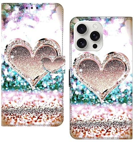 BOLELAW Case for iPhone 16 Pro with [Magnetic Closure] [Stand Function] [Card Slots] Leather Flip Wallet Cover Compatible iPhone 16 Pro Phone Case, Sparkly Heart
