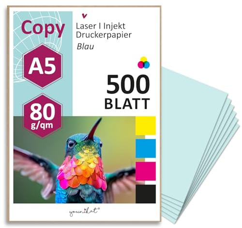 younikat 500 Blatt DIN A5 blau Papier blanko 80 g/m² Kopierpapier - dv1507 | unbedruckte Innenseite, Ob Drucken, Kopieren oder Basteln, Beidseitig farbig, blanko