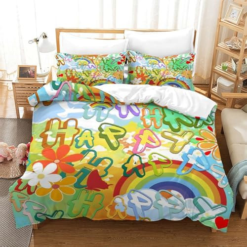 Set di biancheria da letto con stampa 3D con cuori colorati arcobaleno e cuori innamorati, morbido e accogliente, con chiusura a cerniera, 3 pezzi, per bambini, adolescenti e adulti, trasforma la tua