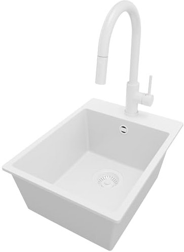 PRIMAGRAN Fregadero Granito Todo Blanco 38x50cm, Cocina 1 Seno + Grifo 40x20cm + Sifón, Sobre encimera al mueble 40cm - Riga