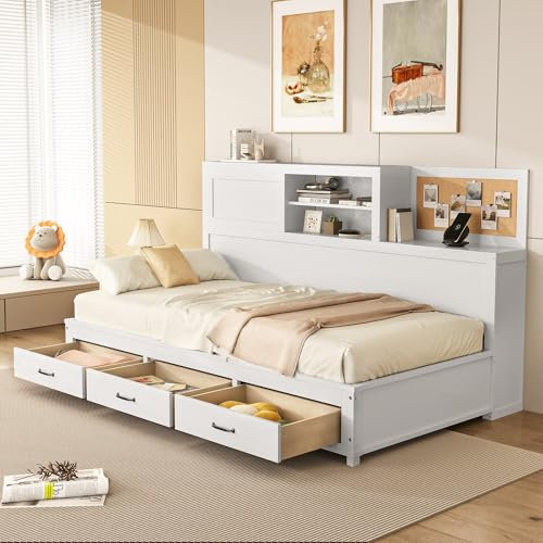 RELAX4LIFE Single/Double Daybed Frame, 3FT/4FT6 Guest Sofa Bed with 3 Storage Drawers, Sliding Door Cabinet & Cork Board, Wooden Slat Support Platform Bed Base Mattress Foundation (Single Size)