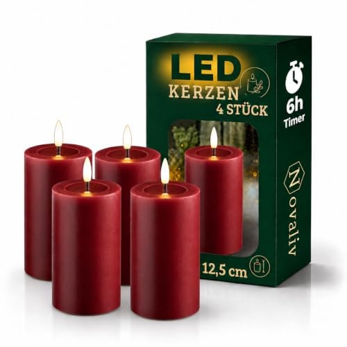 Novaliv 4X LED Stumpenkerze mit Timer 6 Stunden rot Echtwachs LED warmweiß 7,5cm ø 12,5cm Höhe - 2 AA Batterien nötig LED Echtwachskerze mit Flackereffekt flammenlose Stumpenkerze LED Kerze