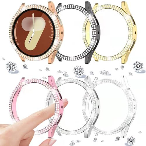 DEALELE Confezione da 6 custodie compatibili con Samsung Galaxy Watch 7 44 mm, custodia protettiva in policarbonato a doppia fila con strass, 44 mm, nero+argento+oro rosa+rosa+oro+starlight
