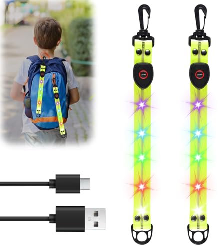 LED Blinklicht Schulranzen,2 Stück Aufladbar Sicherheit Licht für Kinder Schulranzen,LED Blinklicht mit Buntem Licht,Reflektierende Lichtband Reflektor Anhänger für Schulranzen,Rucksack,Laufen,Joggen