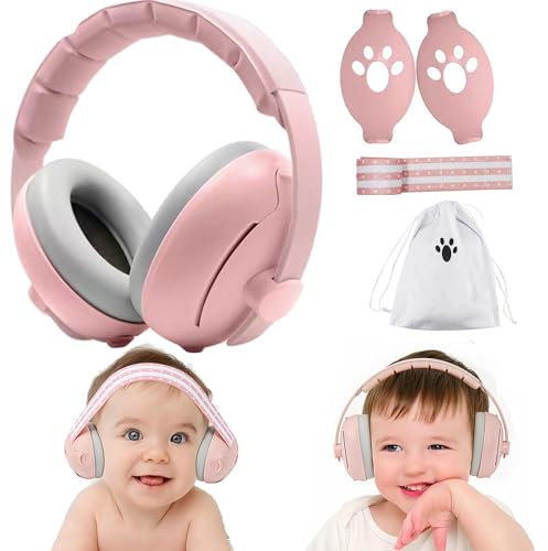 QSLKI 2 in1 Baby Gehörschutz, Verstellbarer Baby Gehörschutz mit Geräuschunterdrückung, Baby Kopfhörer Lärmschutz für Bis 48 Monate, Kapselgehörschützer für Neugeborene, Geräuschunterdrückung, Rosa