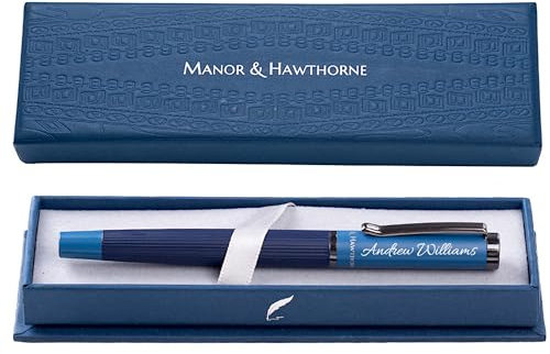 Manor & Hawthorne Personalised Fountain Pen - Engraving Available in Black, Red, Blue, and Green - Gift-Boxed Writing - Black & Blue ink & Converter (Dark Blue with Light Blue Cap (Personalised))