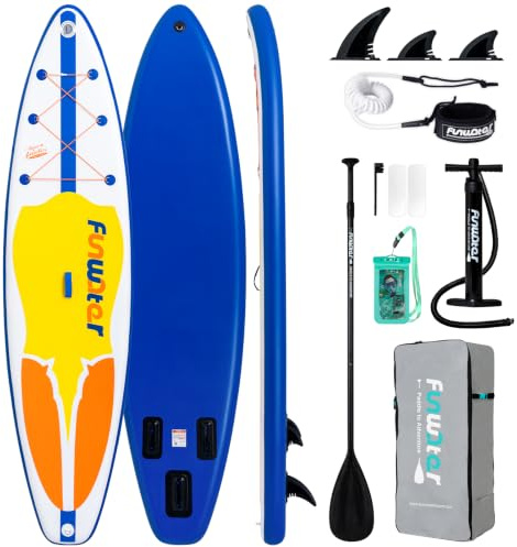 FunWater Tabla de Surf Hinchable de Pie, Sup con Remo Ajustable, Bomba, Mochila de Viaje, Correa de Seguridad y Funda Impermeable para Teléfono Móvil