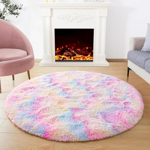 AIMECO Schlafzimmer Bereich Teppich, (Durchmesser 200cm) Nachttisch Shag,Flauschigen Teppich, Wohnzimmer, Kinderzimmer, Mädchen Schlafzimmer, Tie-dye farbig