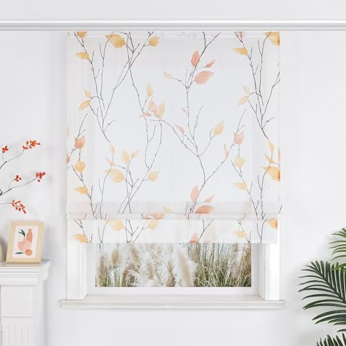 Yujiao Mao Voile Raffrollo mit Schienenbefestigung Blattmuster Naturales Motiv Raffgardine 1 Stück,orange B100*H140cm