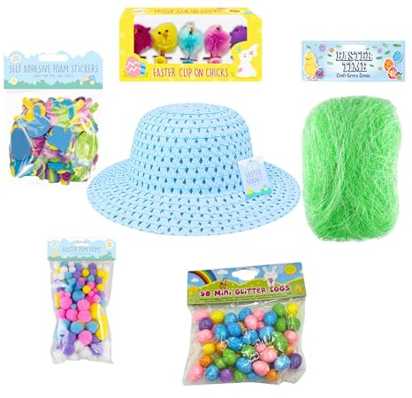 AKEDE Easter Bonnet Kit - Easter Bonnet Decorations - Kids Easter Egg Hunt - Straw Hat Chicks Eggs Feathers Grass - Easter Bonnet Decorations Kit Girls Boys - Blue