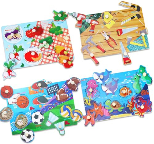 4 Stück Kleinkind Puzzle Spielzeug Set, Montessori Spielzeug Griff Holzpuzzle, Kinderspielzeug Motorikspielzeug Steckpuzzle Lernspielzeug, Feinmotorik, Geschenke für 1, 2 bis 3 Jahre alt
