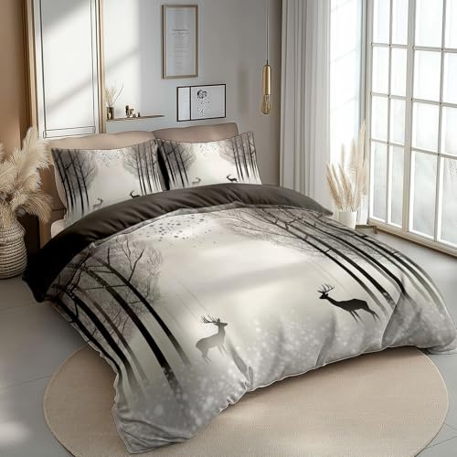 CozyRest Bettwäsche 180 x 200 cm Bettbezug Set 3 Teilig mit 2 Kissenbezügen, Muster Waldszene Elch Wende Kaffee Bettwäsche für Teenager Kinder, aus Weiche Mikrofaser mit Reißverschluss