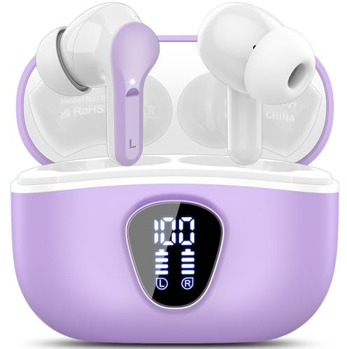 Cuffie Bluetooth, Auricolari Bluetooth 5.4 con Stereo HiFi, Cuffie Wireless in Ear 4 Mic ENC Cancellazione Rumore, 40 Ore, LED Display, USB-C, Impermeabili Cuffiette Sport per iOS Android, ViolaChiaro