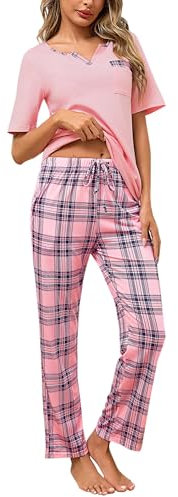 Bresdk Ensemble de Pyjama Femme Coton Vêtements de Nuit Haut à Manches Courtes de Couleur Unie Bas de Pyjama à Carreaux 2 Pièces, Rose, S