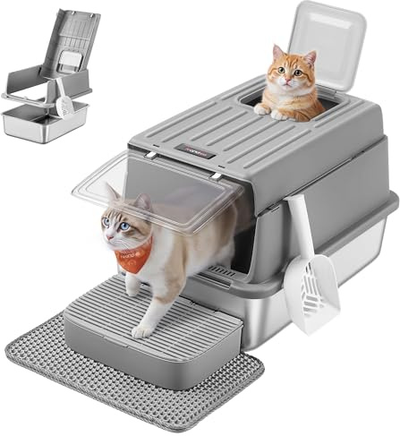 Feandrea Cat Litter Box with Flip Lid, Scoop, Litter Mat, 2 Doors | Cat Litter Box, Stainless Steel, for Cats up to 15 kg, Slate Grey, BOXAL Collection PPT007GN01