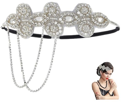 CABODYALS Silbernes Flapper Stirnband 1920er Jahre Kristall Great Gatsby Kopfschmuck Strass Perlen blumesn Quaste Kette Vintage Haarschmuck Für Damen Abendkleider Brautschmuck Hochzeitsfeier Zubehör