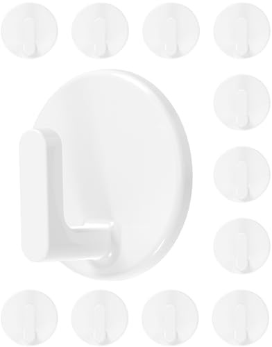 BYSMAH Self Adhesive Hooks, 12 Pack Strong Sticky Hooks, Small Round White | Stick on Wall Hooks for Hanging, Kitchen, Bathroom, Keys, Utensils & Home Decor No Drilling