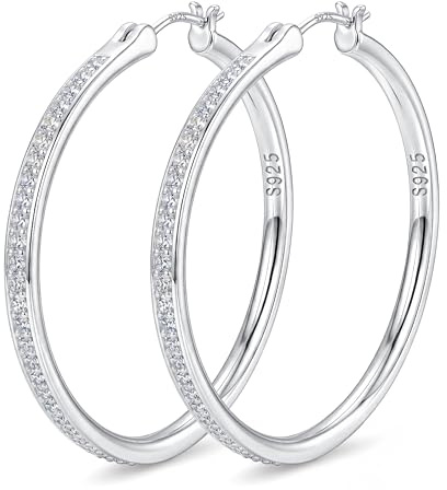 FANCH Sterling Silber 925 Creolen für Damen Mädchen Funkelnde Kubischem Zirkonia Große Creolen 18K Weißesgold Vergoldet Hypoallergene Leichte Strass Creolen Ohrringe Silber 925 50MM Silber