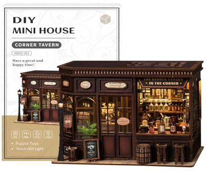 DIY Book Nook Kit – DIY Miniaturhaus-Set, 3D-Holzpuzzle, Taverne, Bastelset, Puppenhaus-Set, Bücherregal-Einsatz, Dekor mit LED, Geschenk für Familie und Freunde – Ecktaverne