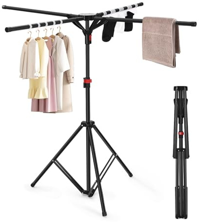 WGIDSKKI Tendedero Plegables Incluye 10 Ganchos y 1 Pinza para Calcetines, Tenderetes de Ropa con 4 Alas y Altura Extensible de 130-180cm, para Interiores, Válido para Interior y Exter (Negro)