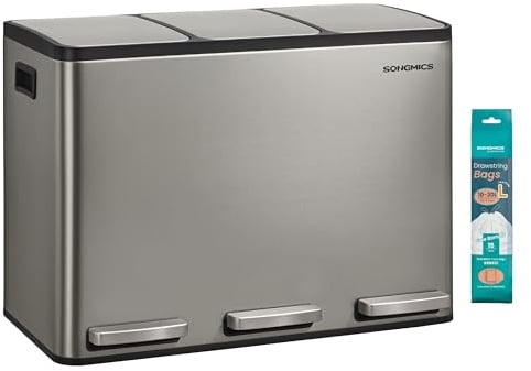 SONGMICS Mülleimer Küche, 3 x 15 L, 3 Fächer, Stahl, Softclose-Deckel | Mülltrennsystem Tretmülleimer, mit 15 Müllbeuteln, Inneneimer herausnehmbar, Griffe, Silber, PARY Kollektion LTB145EZ01