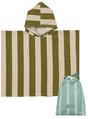 molis&co. Poncho da bagno per bambini 1-2 anni. Khaki & Cream Stripes. Telo mare con cappuccio. Accappatoio per bambini leggero e compatto. (OEKO-TEX 100).