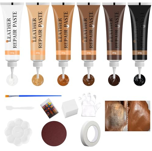 KUIRUNRX® Leder Reparatur Set 6 Farben, Kunstleder Reparaturset, Flüssigleder Braun für Reparatur von Kratzern, Löchern und Verfärbungen auf Leder-Autositzen, Sofas