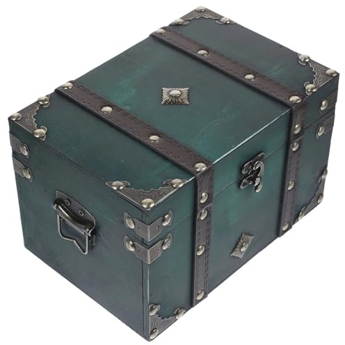 DQZRTUECA Schatzkiste mit Schloss, Grüne hölzerne Schatztruhe, Tisch-Aufbewahrungsbox, Organizer, Bastelkoffer, 22 x 15 13,5 cm(Green)