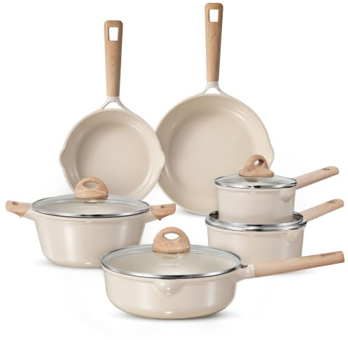 CAROTE Juego de Ollas y Sartenes Antiadherentes Cerámica 10 Piezas, Beige | Batería de cocina con mango efecto madera, compatible con Inducción, Gas y Vitrocerámica, Libre de PFOA