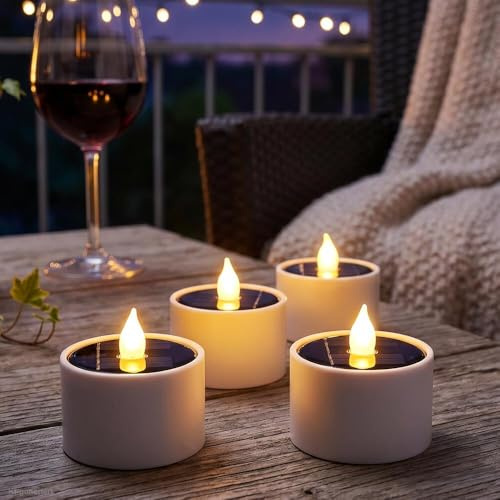 zeitzone Solar LED Teelichter Groß 5 cm 4 Stück Flacker-Effekt Maxi Warmweiß Outdoor